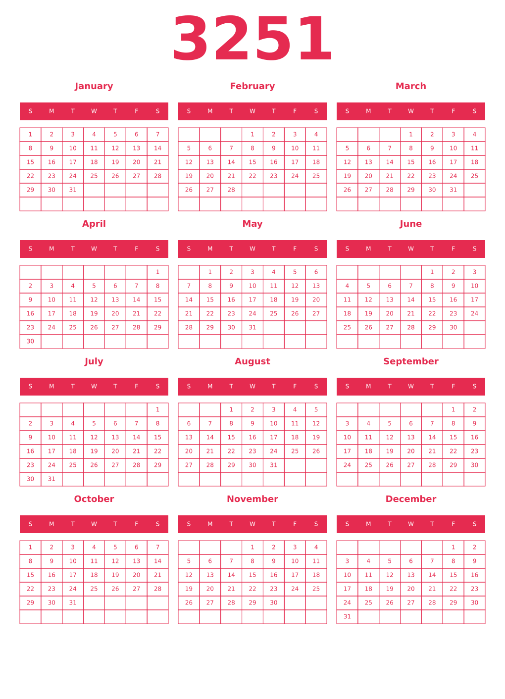 Printable 3251 Year Calendars amaranth