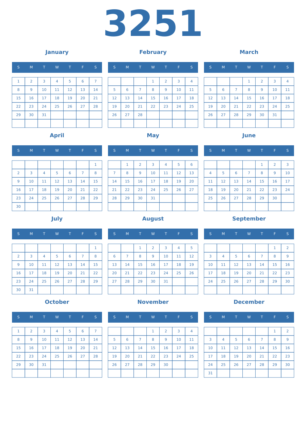 Printable 3251 Year Calendars blue