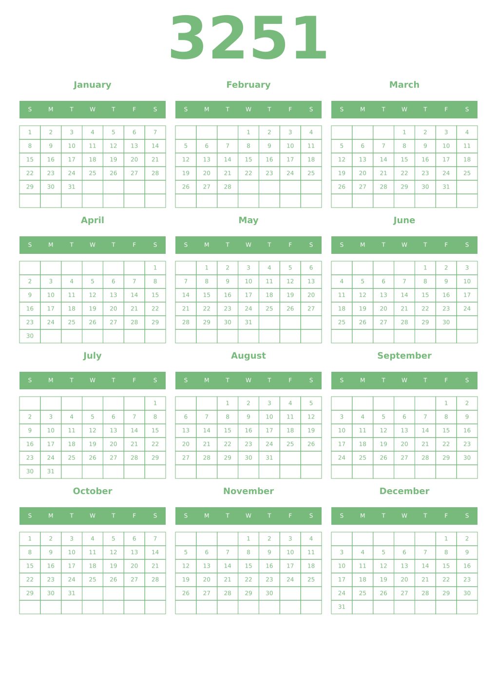 Printable 3251 Year Calendars celadon