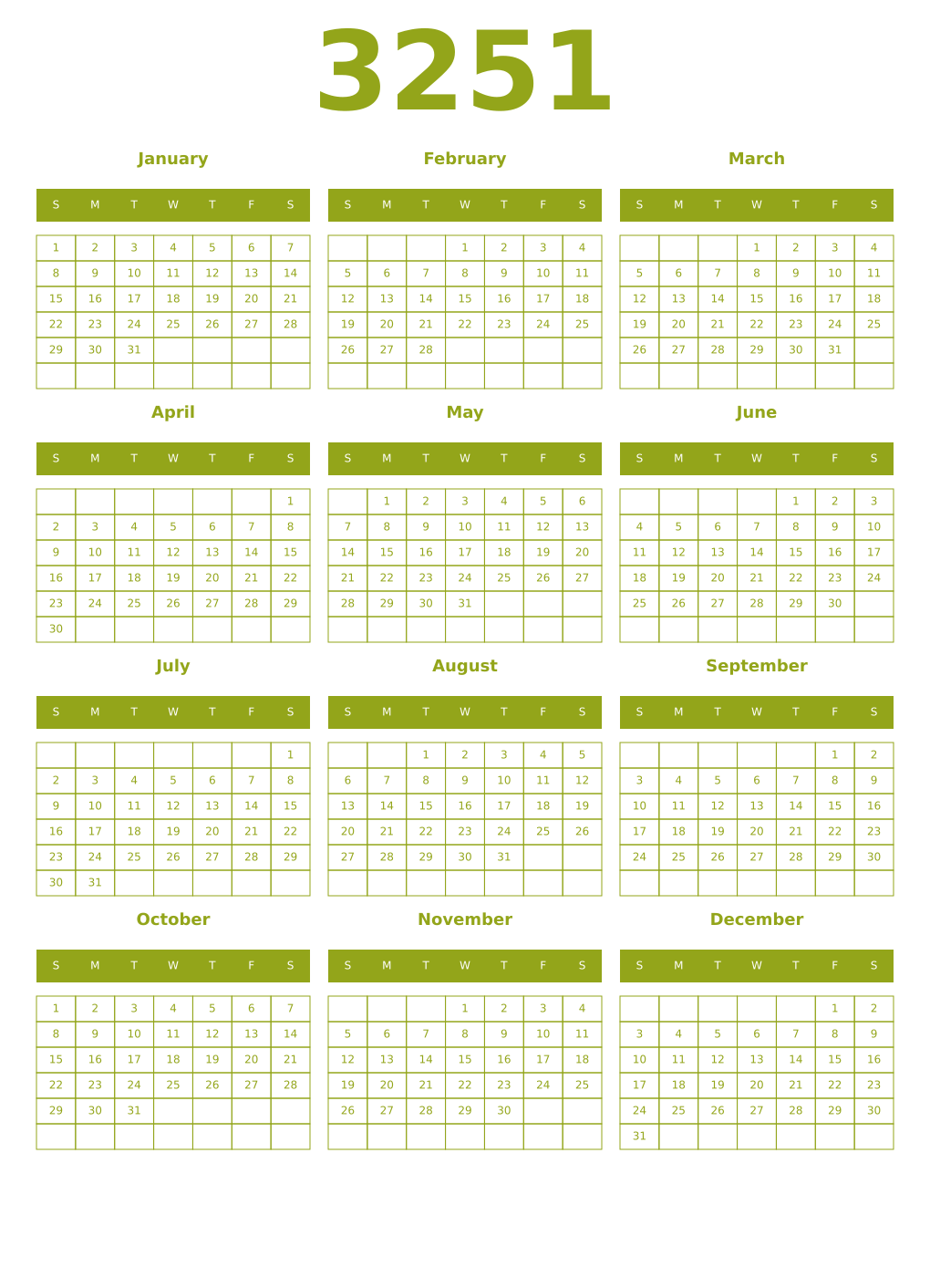 Printable 3251 Year Calendars chartreuse