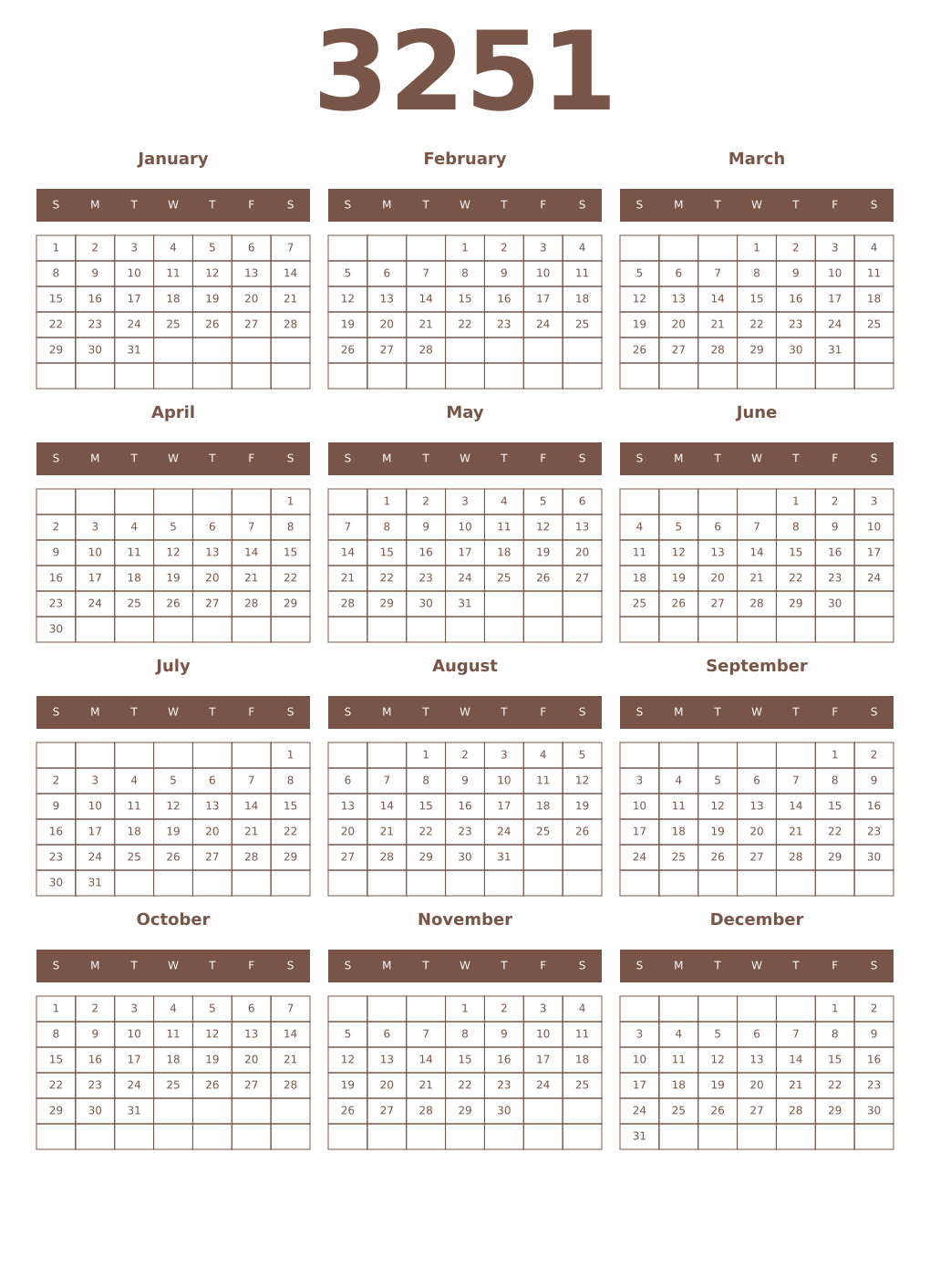 Printable 3251 Year Calendars coffe