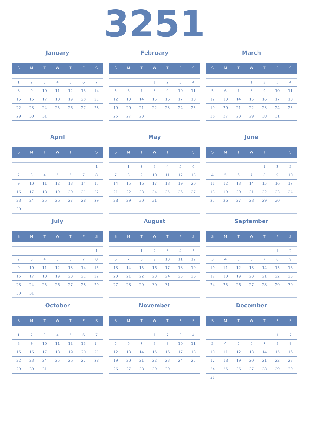 Printable 3251 Year Calendars glaucous