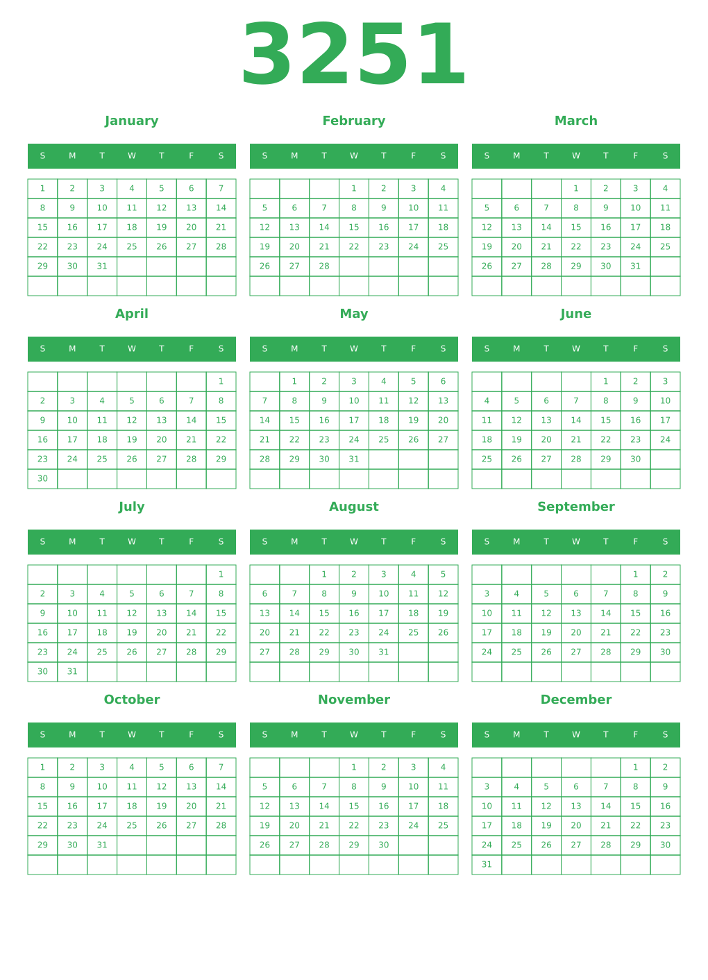 Printable 3251 Year Calendars green
