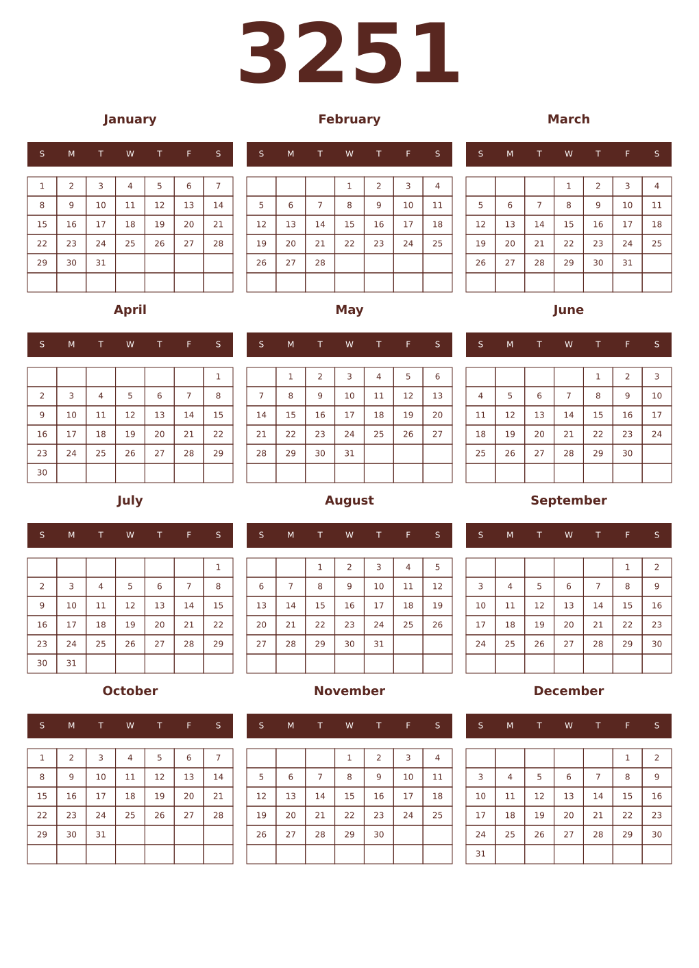 Printable 3251 Year Calendars mortuum