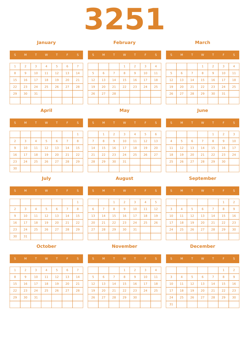 Printable 3251 Year Calendars orange