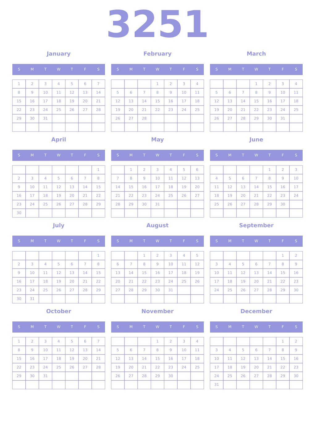 Printable 3251 Year Calendars periwinkle