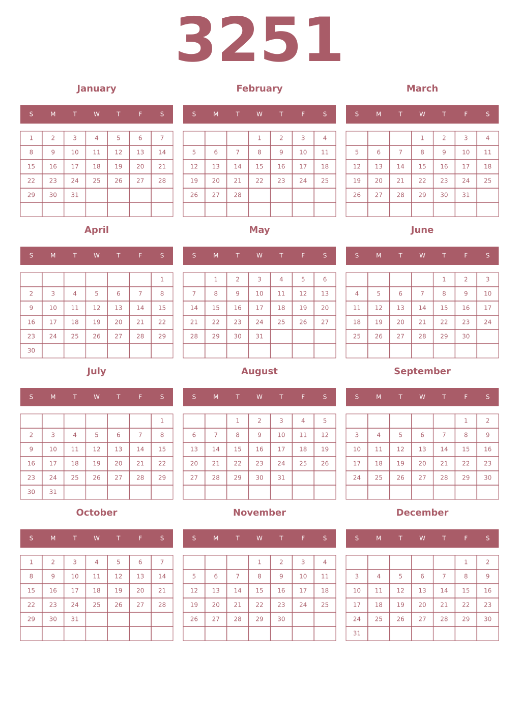 Printable 3251 Year Calendars puce