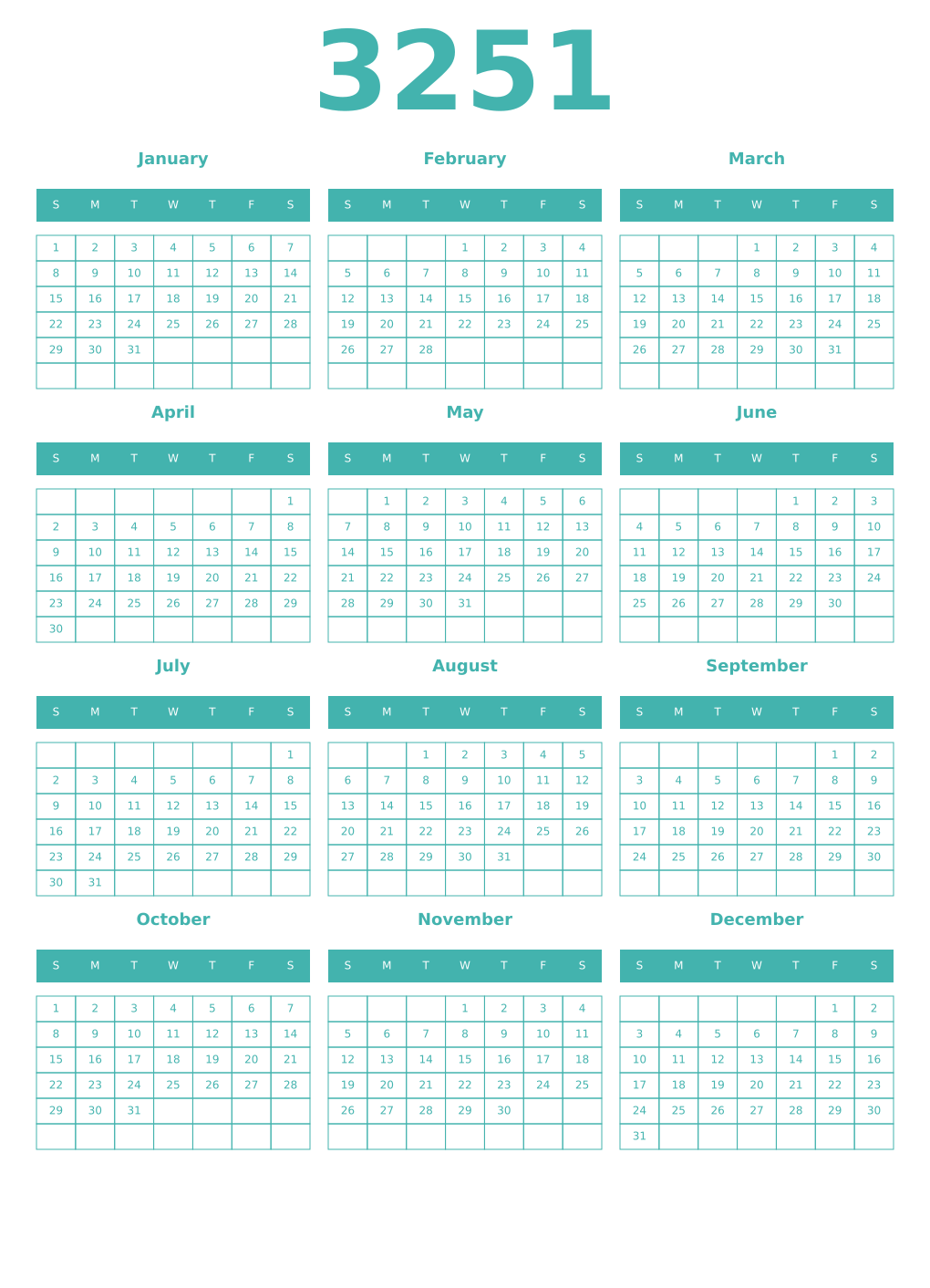 Printable 3251 Year Calendars verdigris