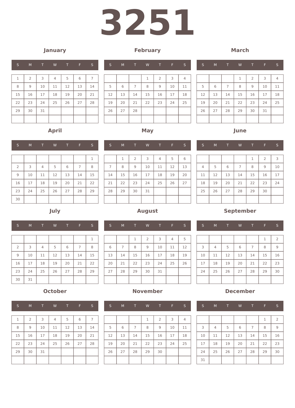 Printable 3251 Year Calendars wenge