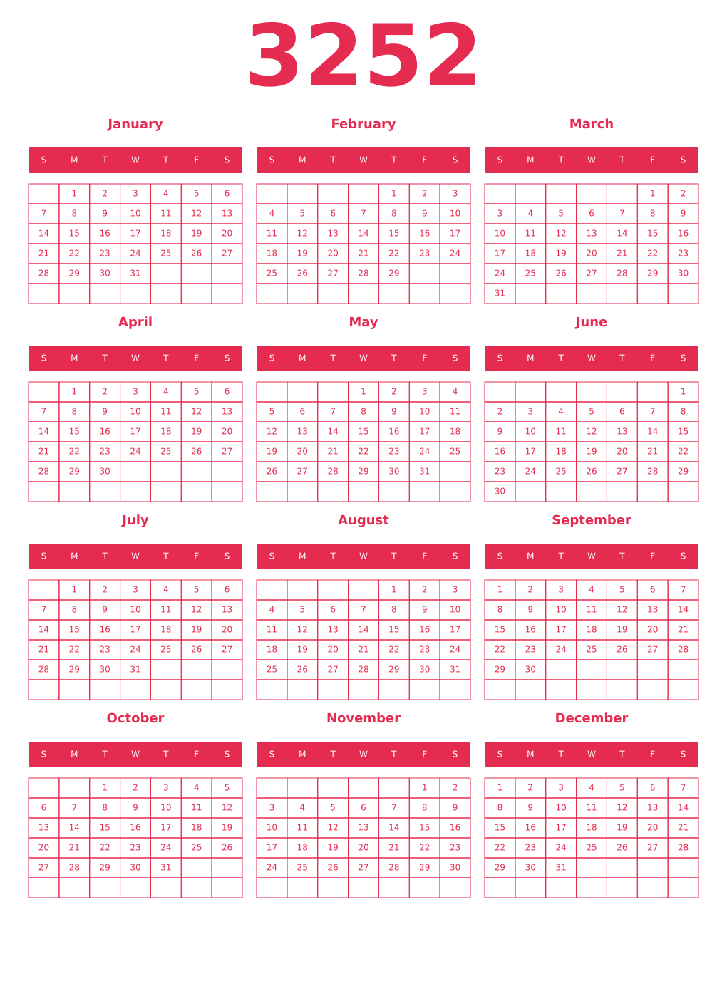 Printable 3252 Year Calendars amaranth