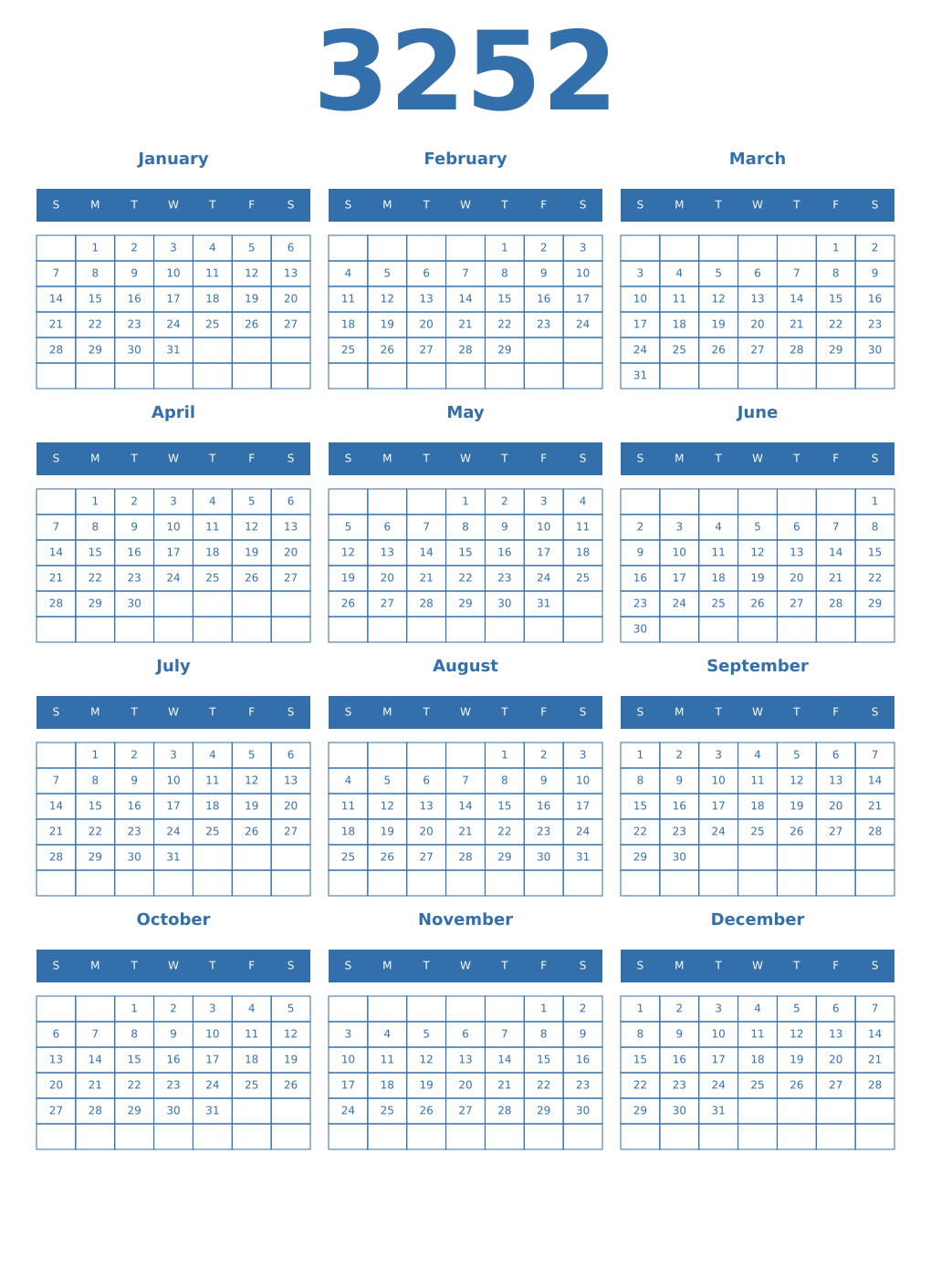 Printable 3252 Year Calendars blue