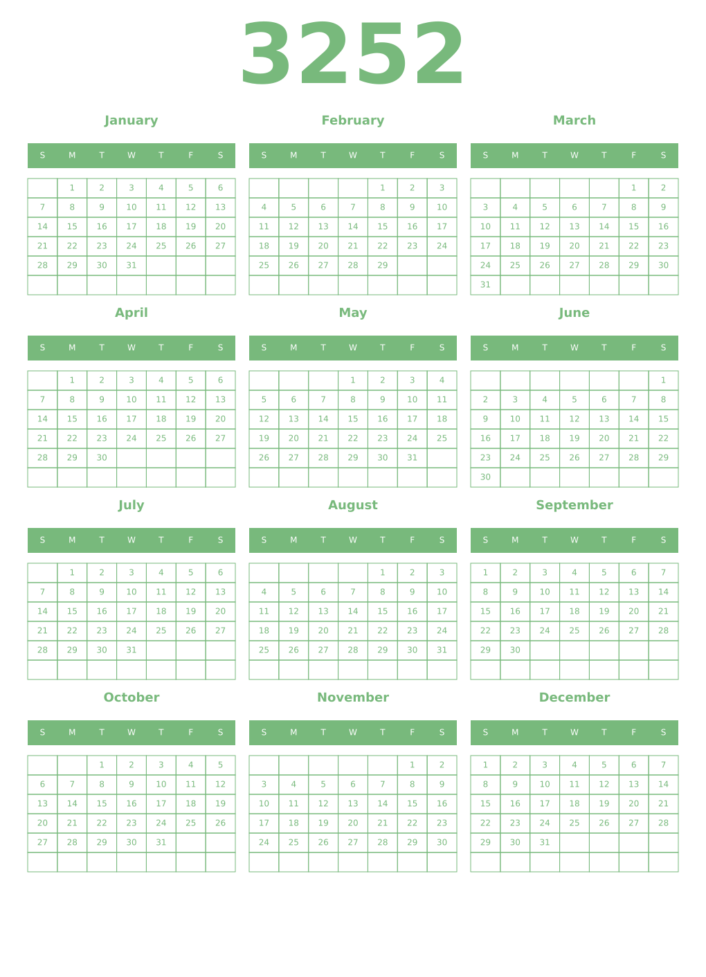 Printable 3252 Year Calendars celadon