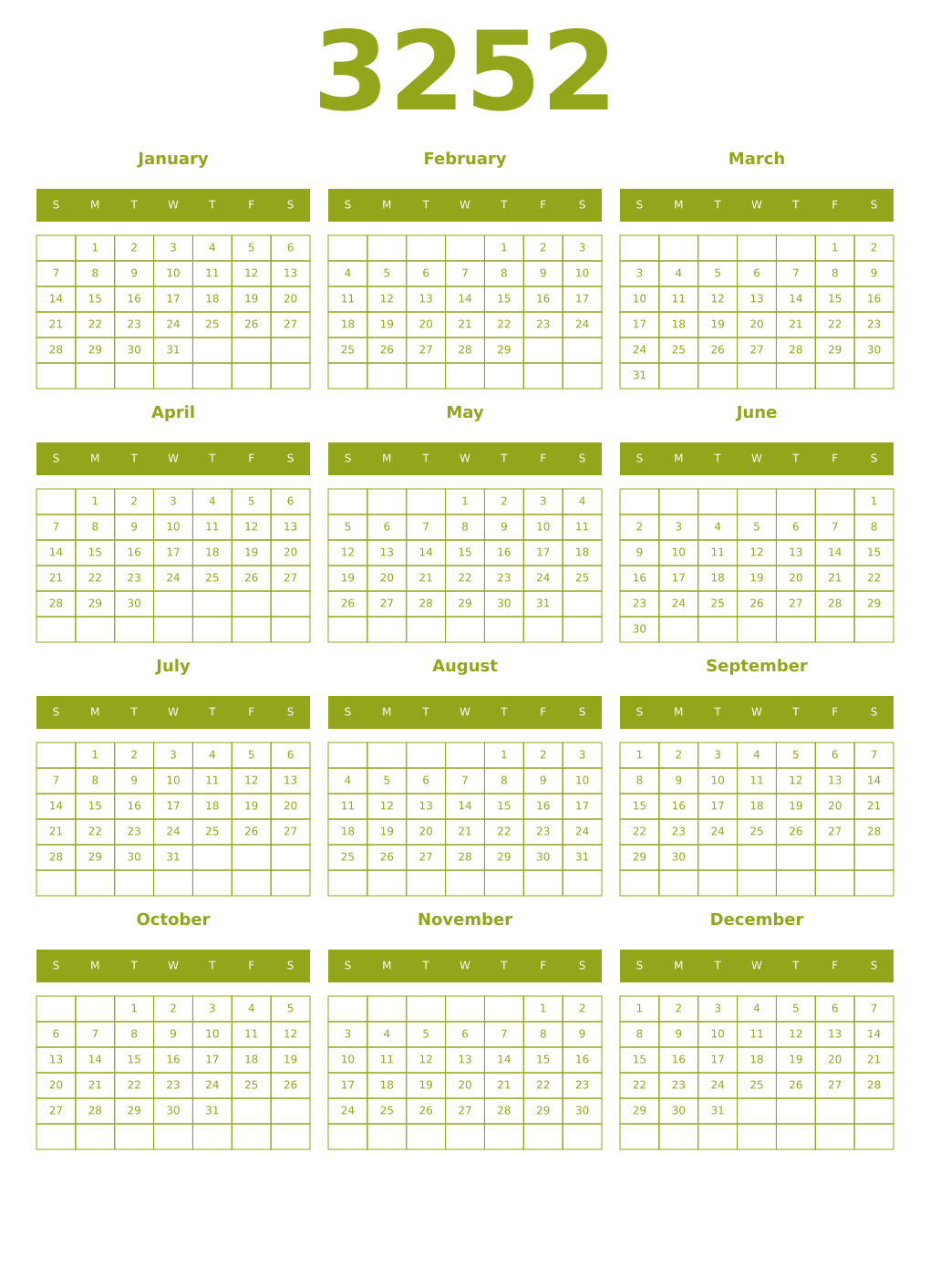 Printable 3252 Year Calendars chartreuse