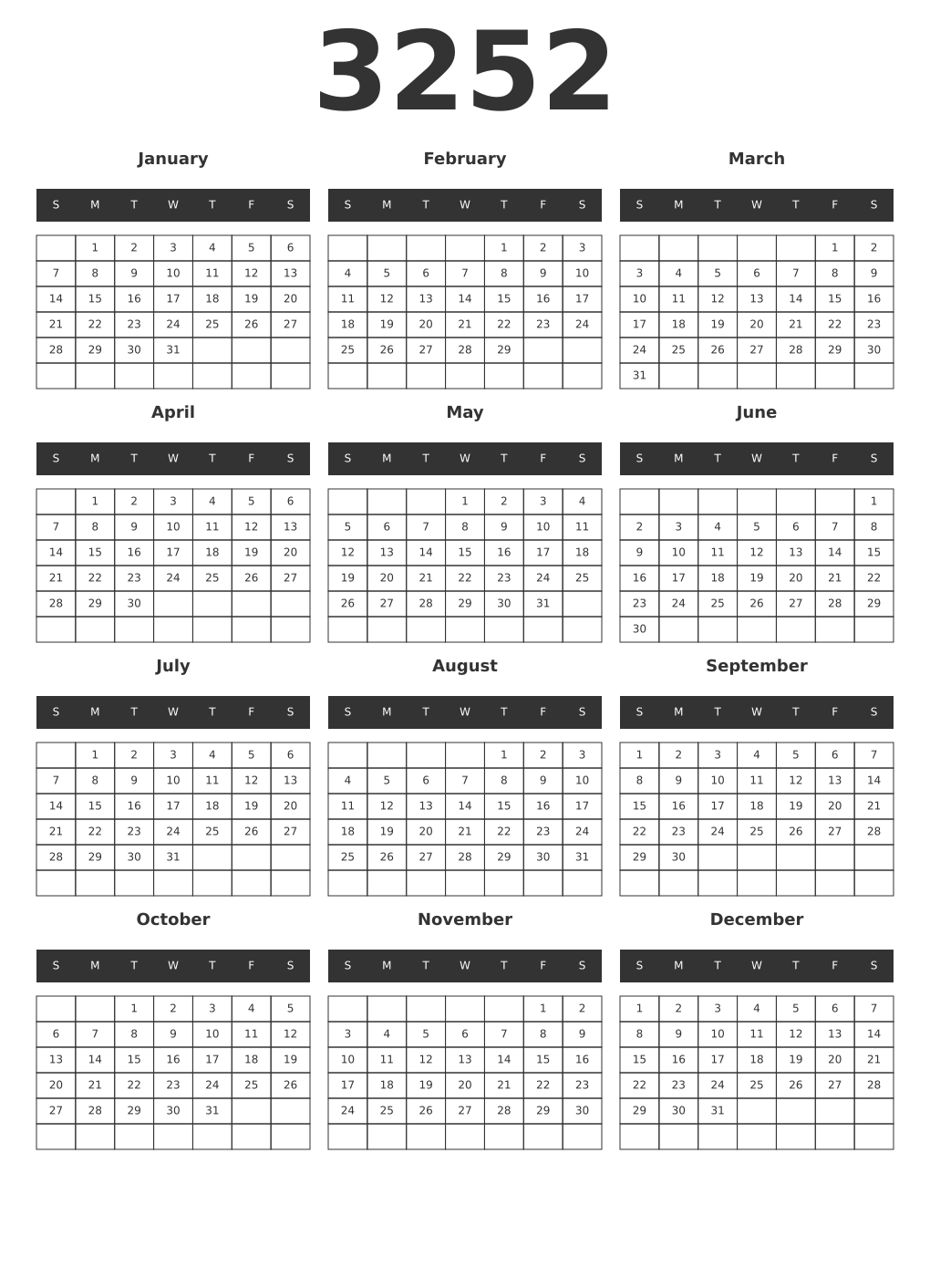 Printable 3252 Year Calendars dark