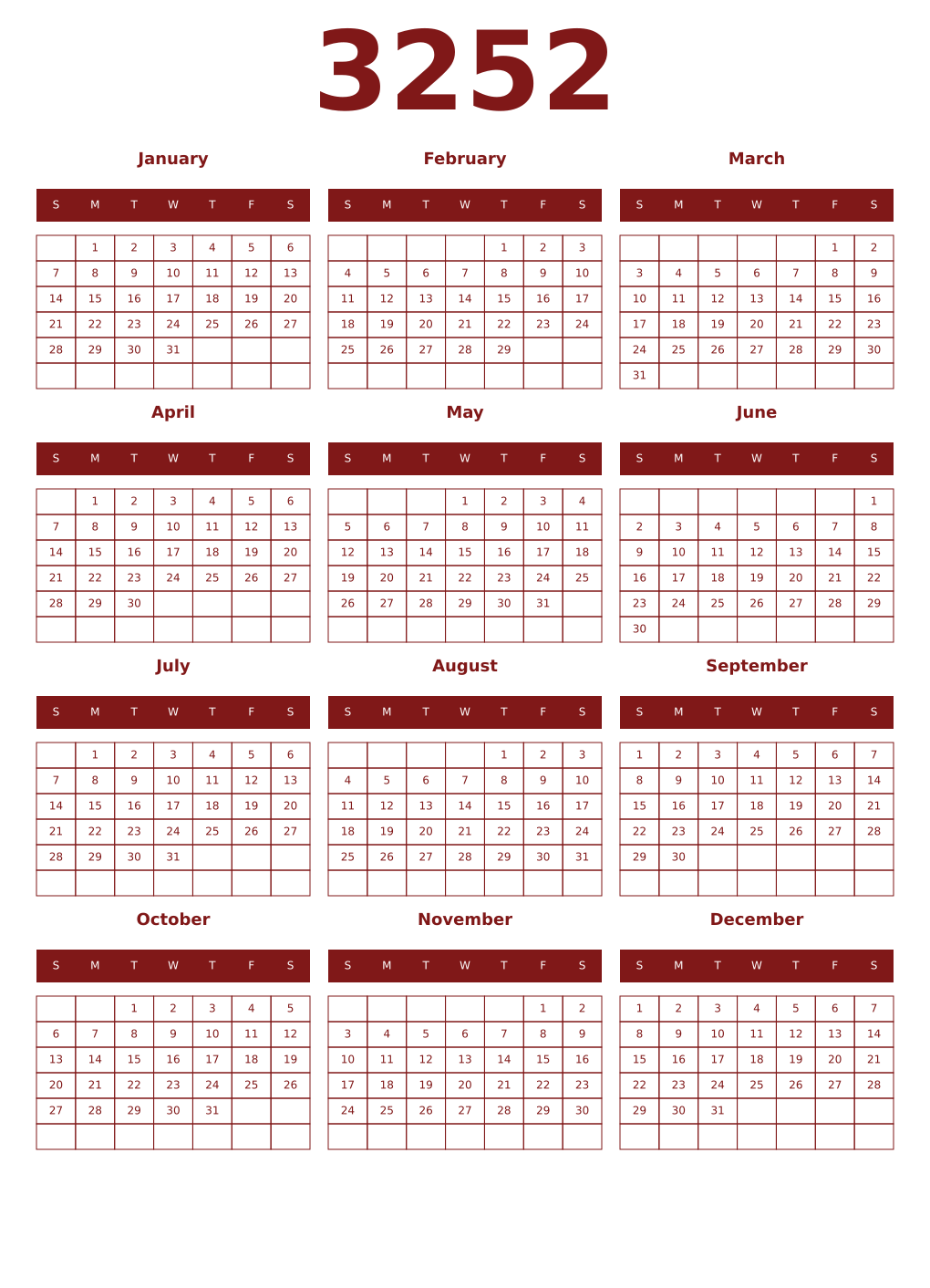 Printable 3252 Year Calendars falu