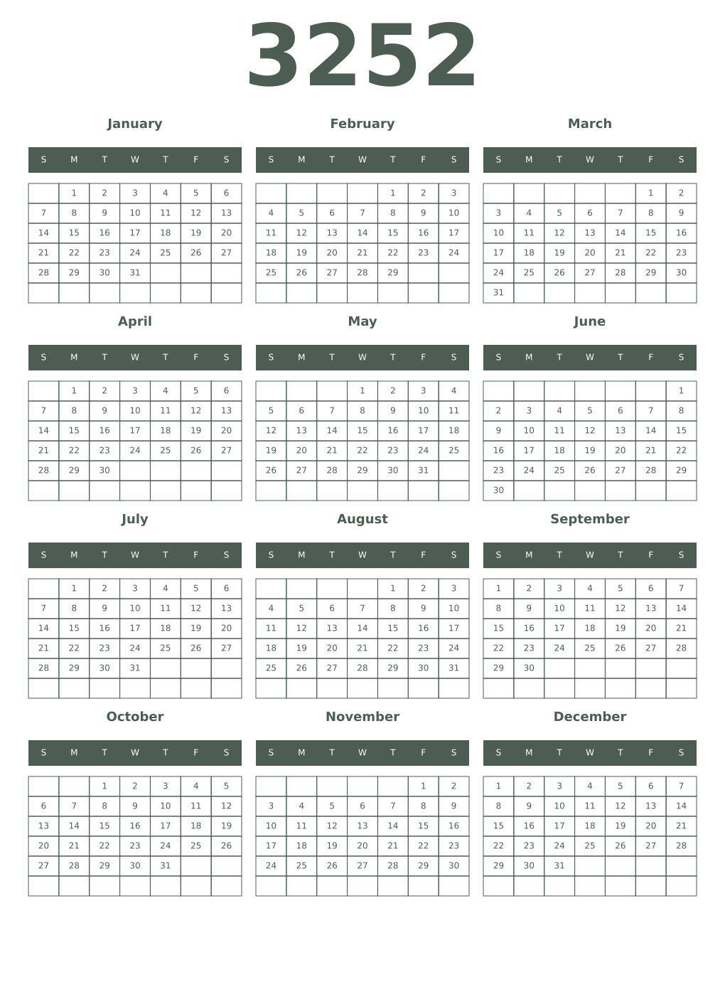 Printable 3252 Year Calendars feldgrau