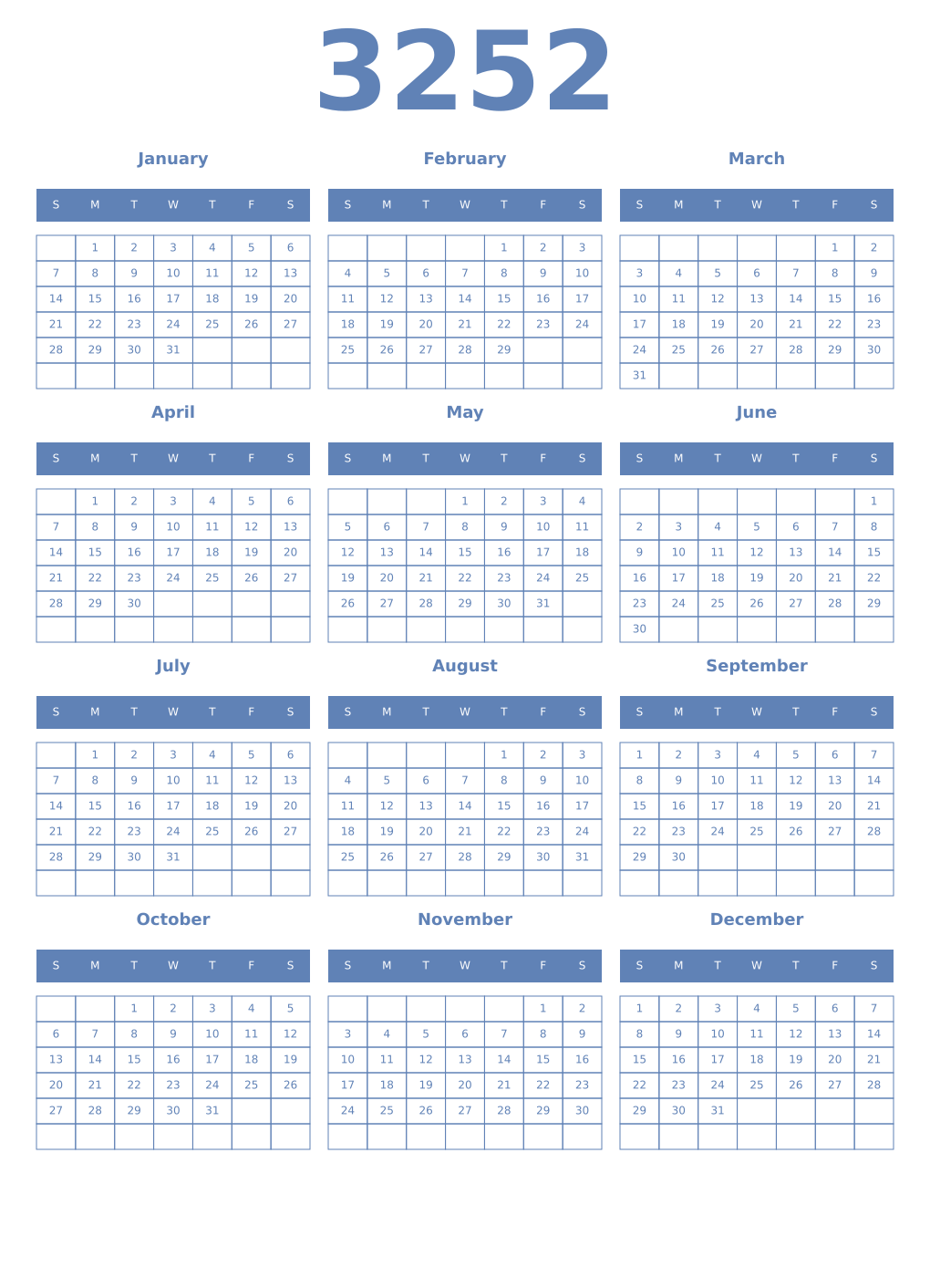 Printable 3252 Year Calendars glaucous