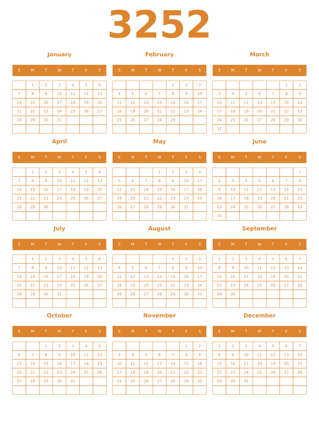Printable 3252 Year Calendars orange