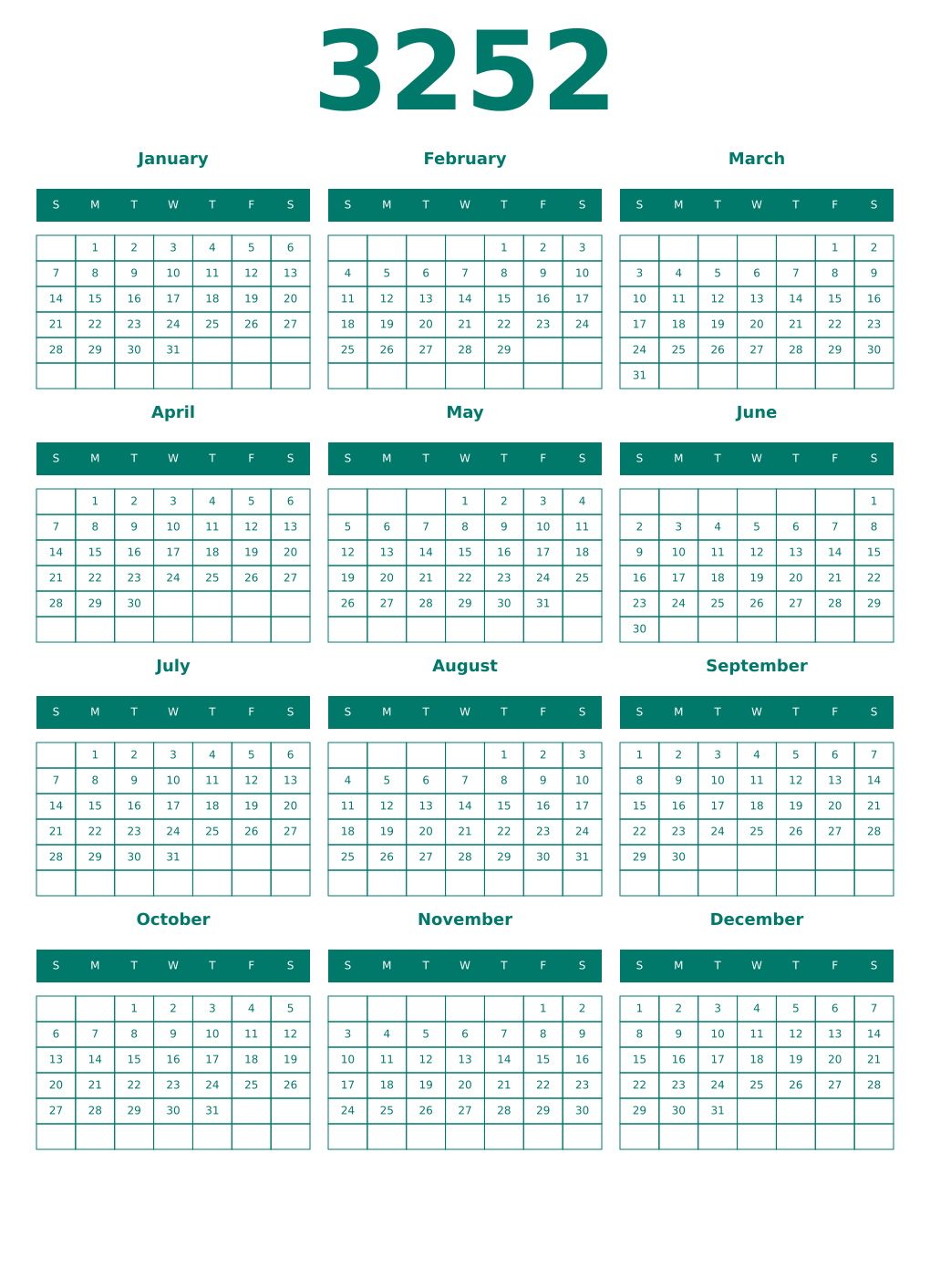 Printable 3252 Year Calendars pastel