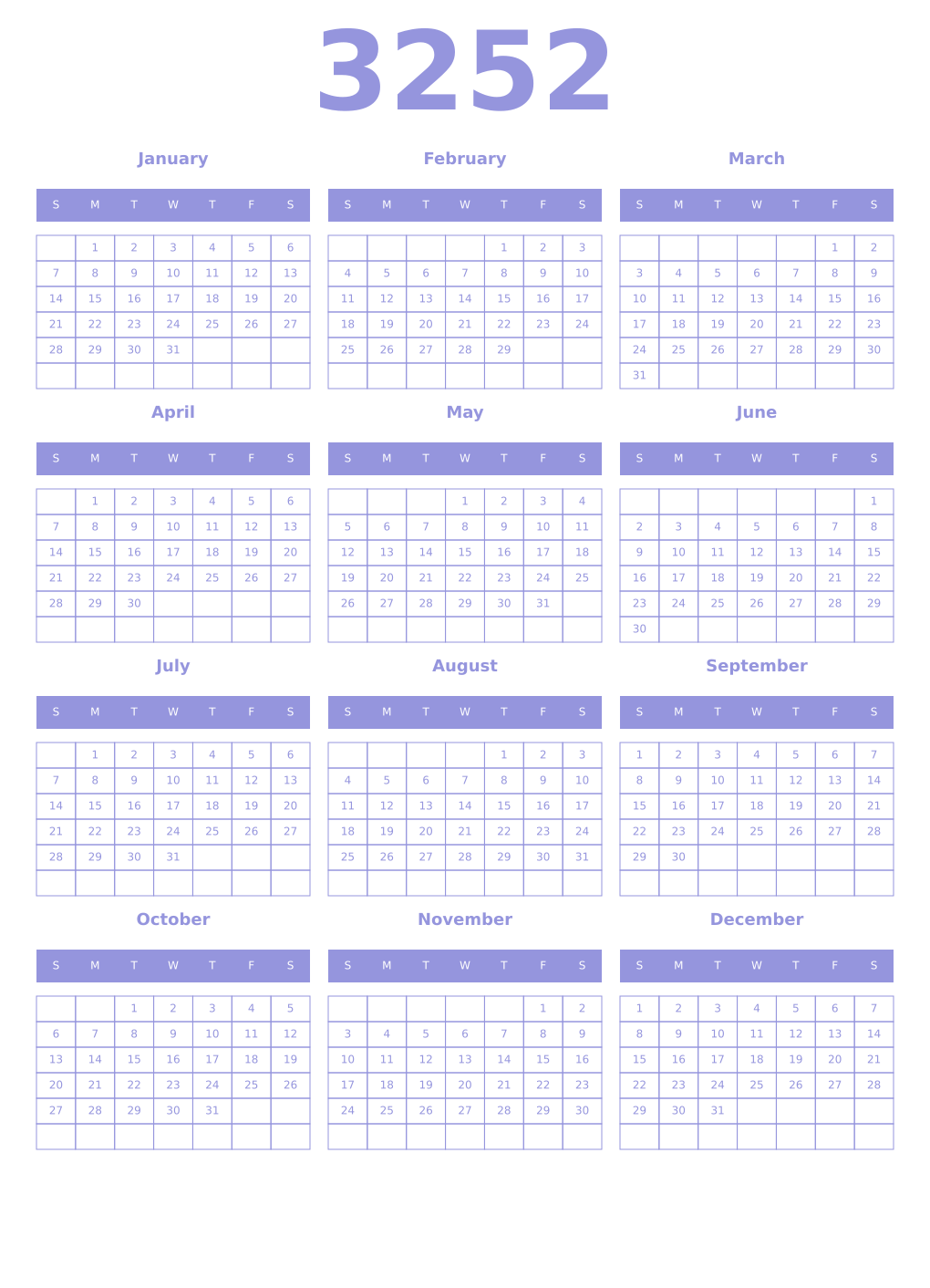Printable 3252 Year Calendars periwinkle