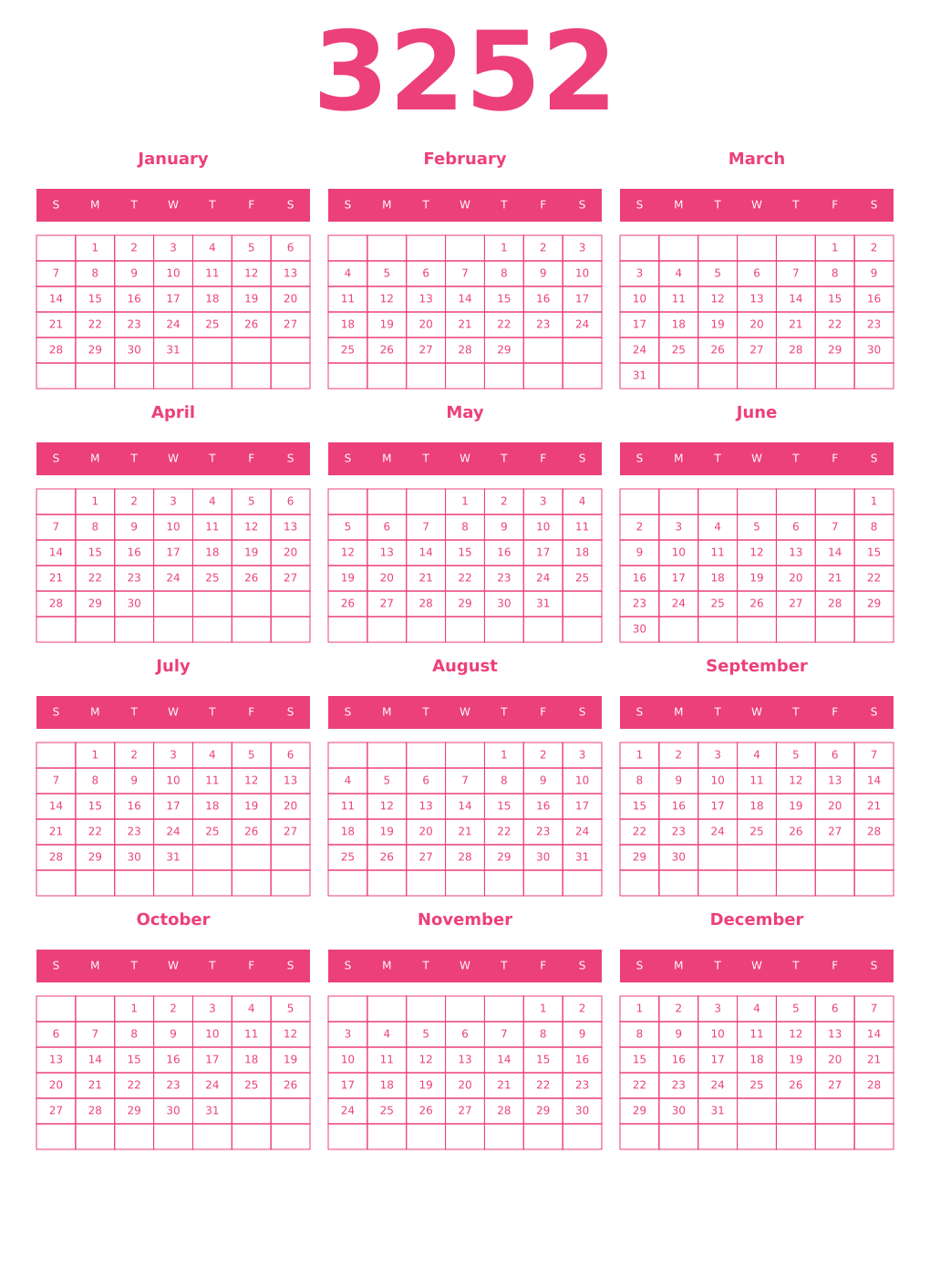 Printable 3252 Year Calendars pink