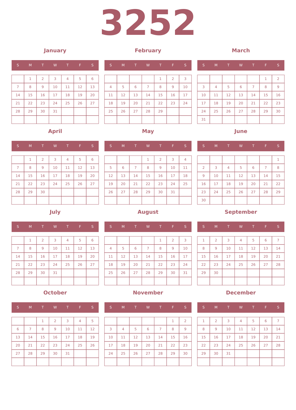 Printable 3252 Year Calendars puce