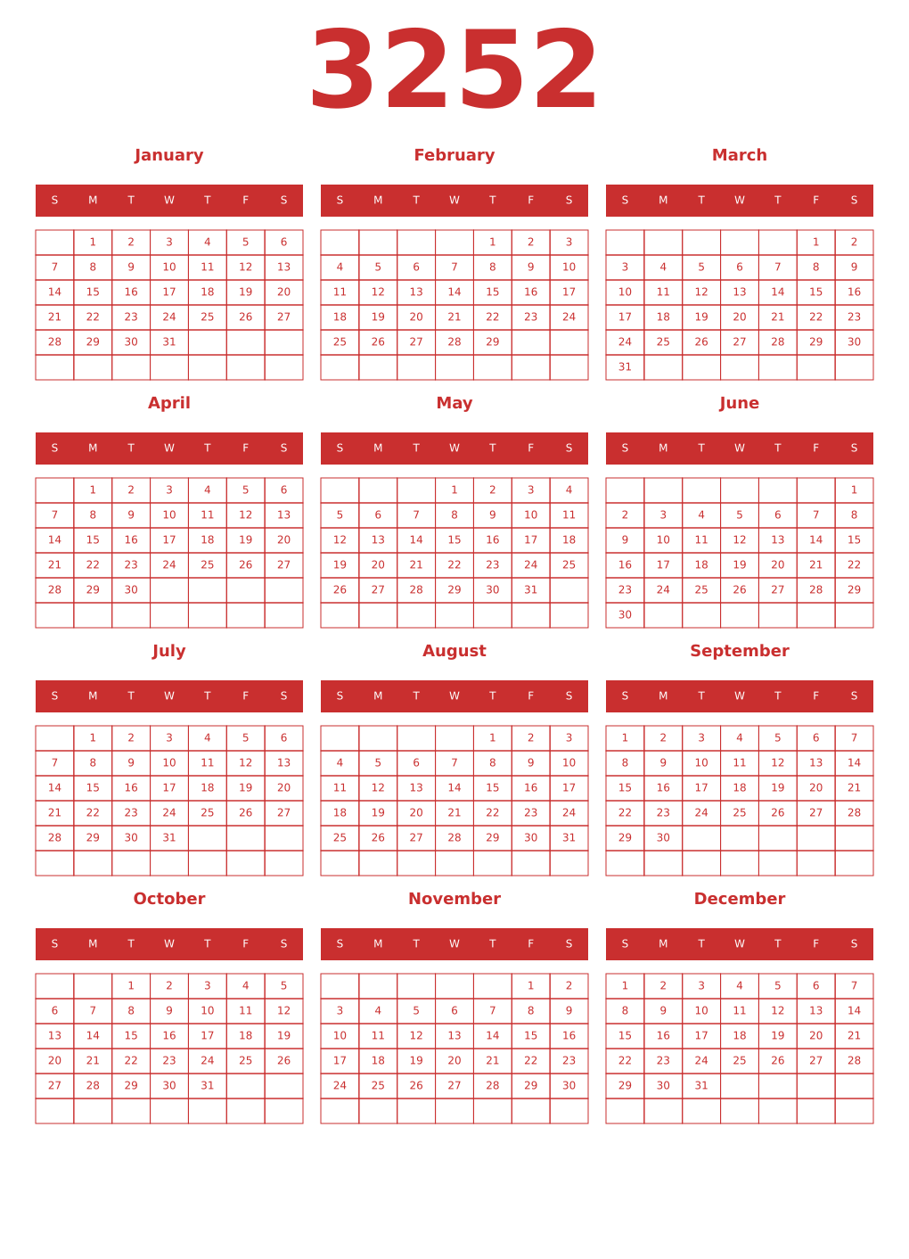 Printable 3252 Year Calendars red