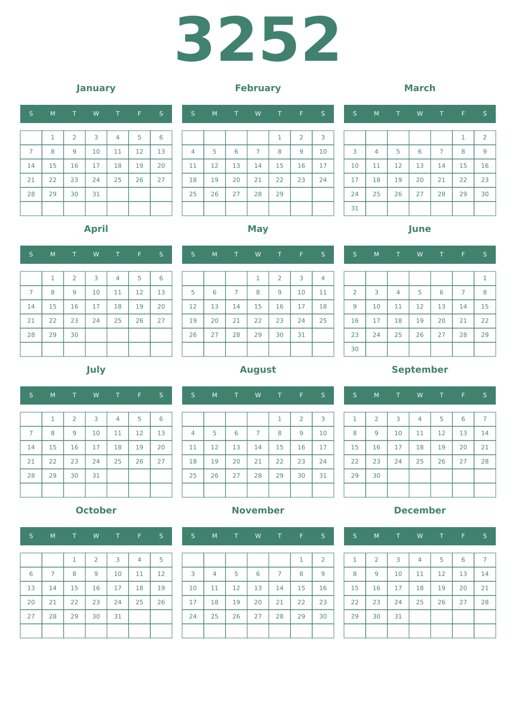 Printable 3252 Year Calendars viridian