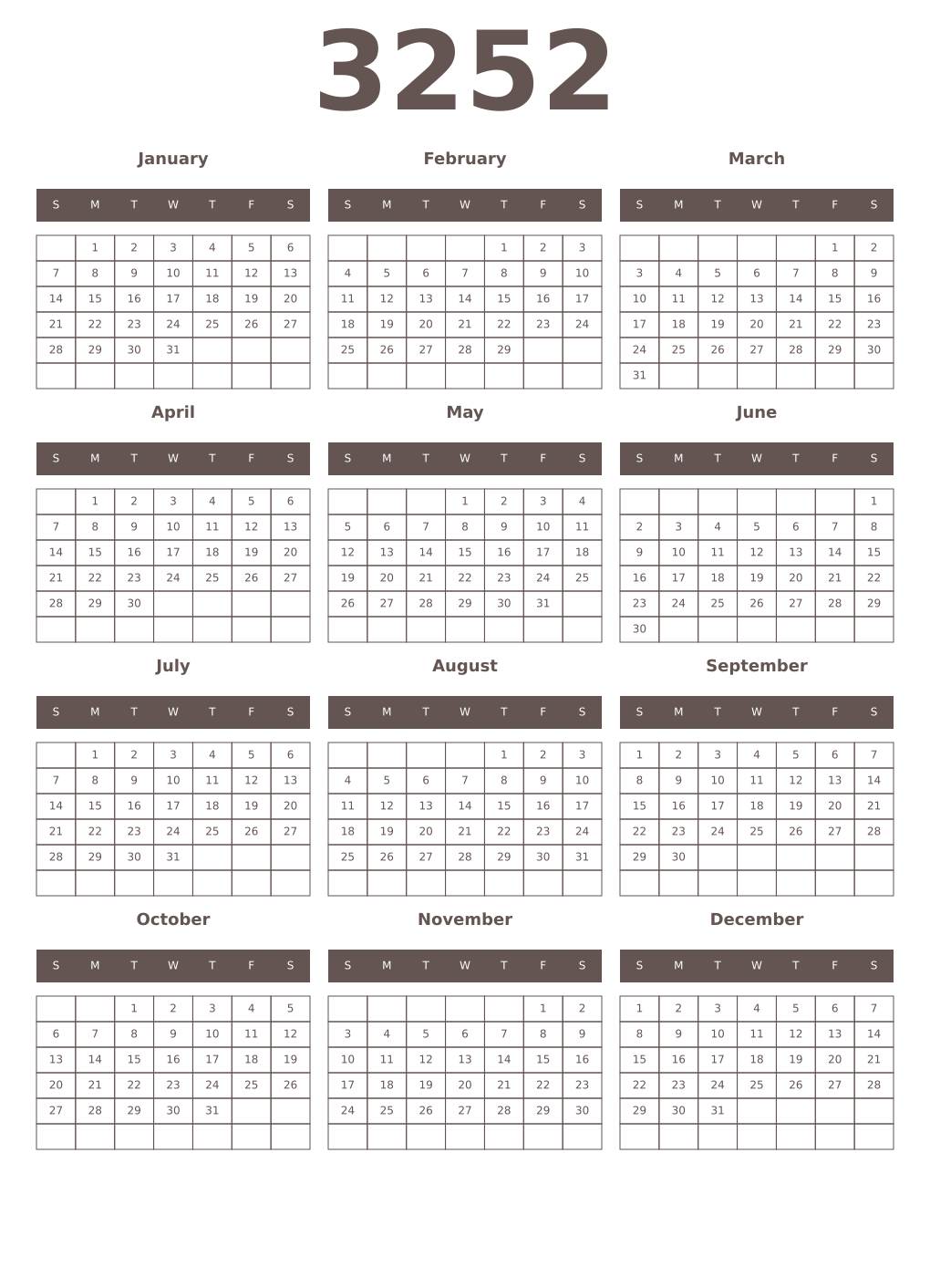 Printable 3252 Year Calendars wenge