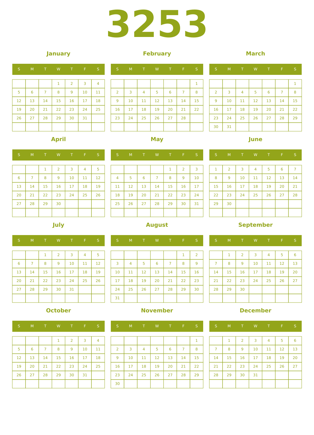 Printable 3253 Year Calendars chartreuse
