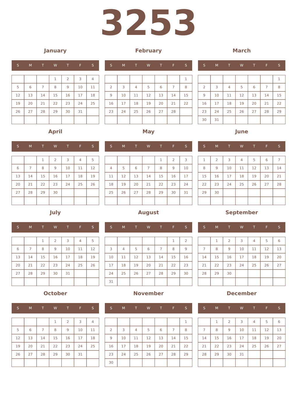 Printable 3253 Year Calendars coffe
