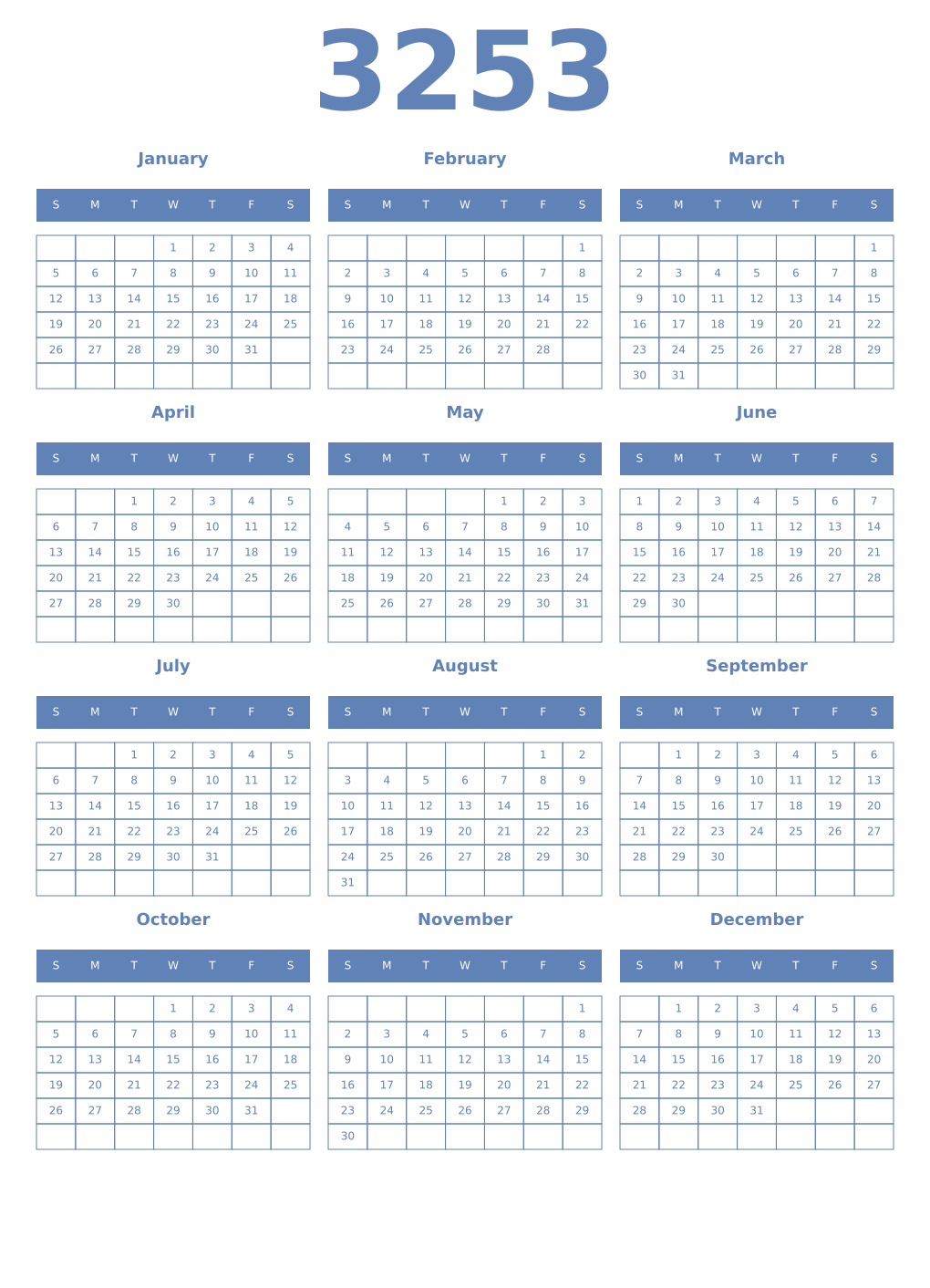 Printable 3253 Year Calendars glaucous