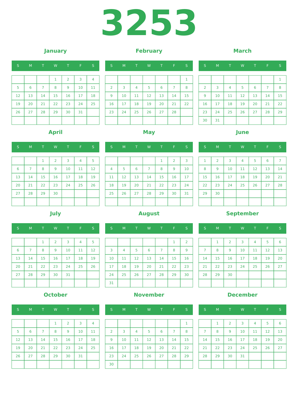 Printable 3253 Year Calendars green