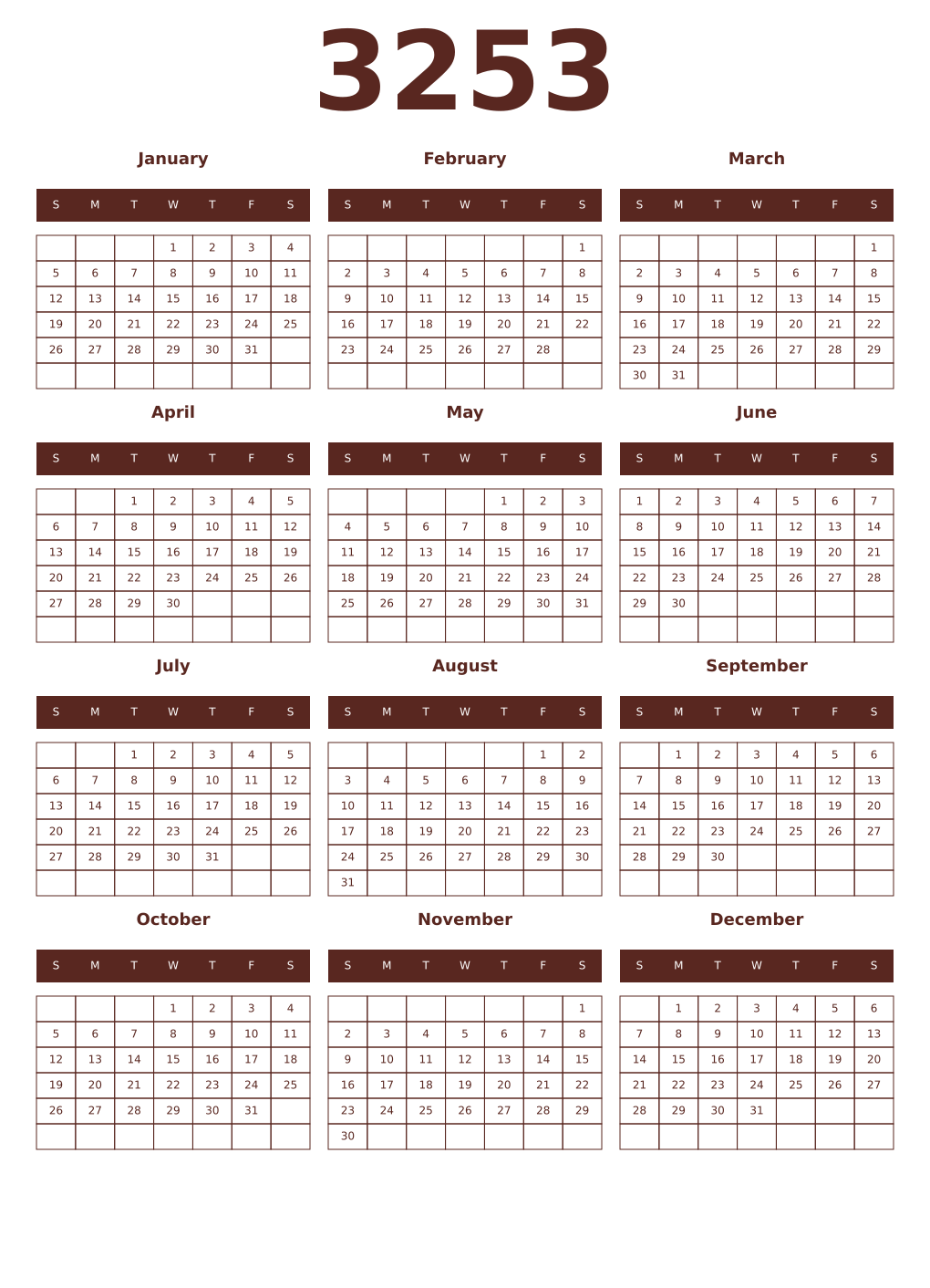 Printable 3253 Year Calendars mortuum