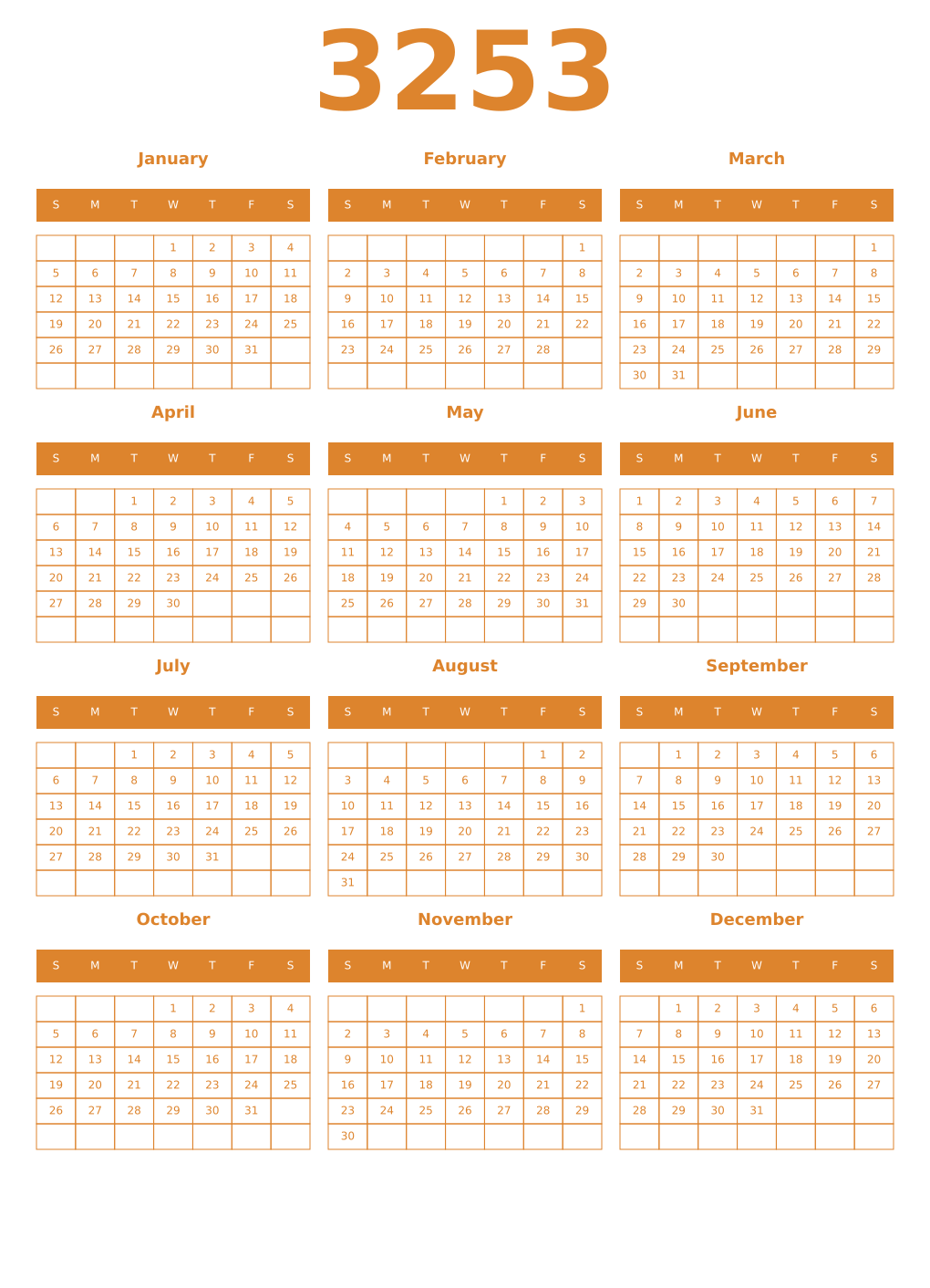 Printable 3253 Year Calendars orange