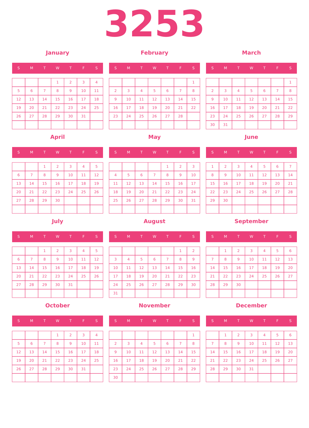 Printable 3253 Year Calendars pink