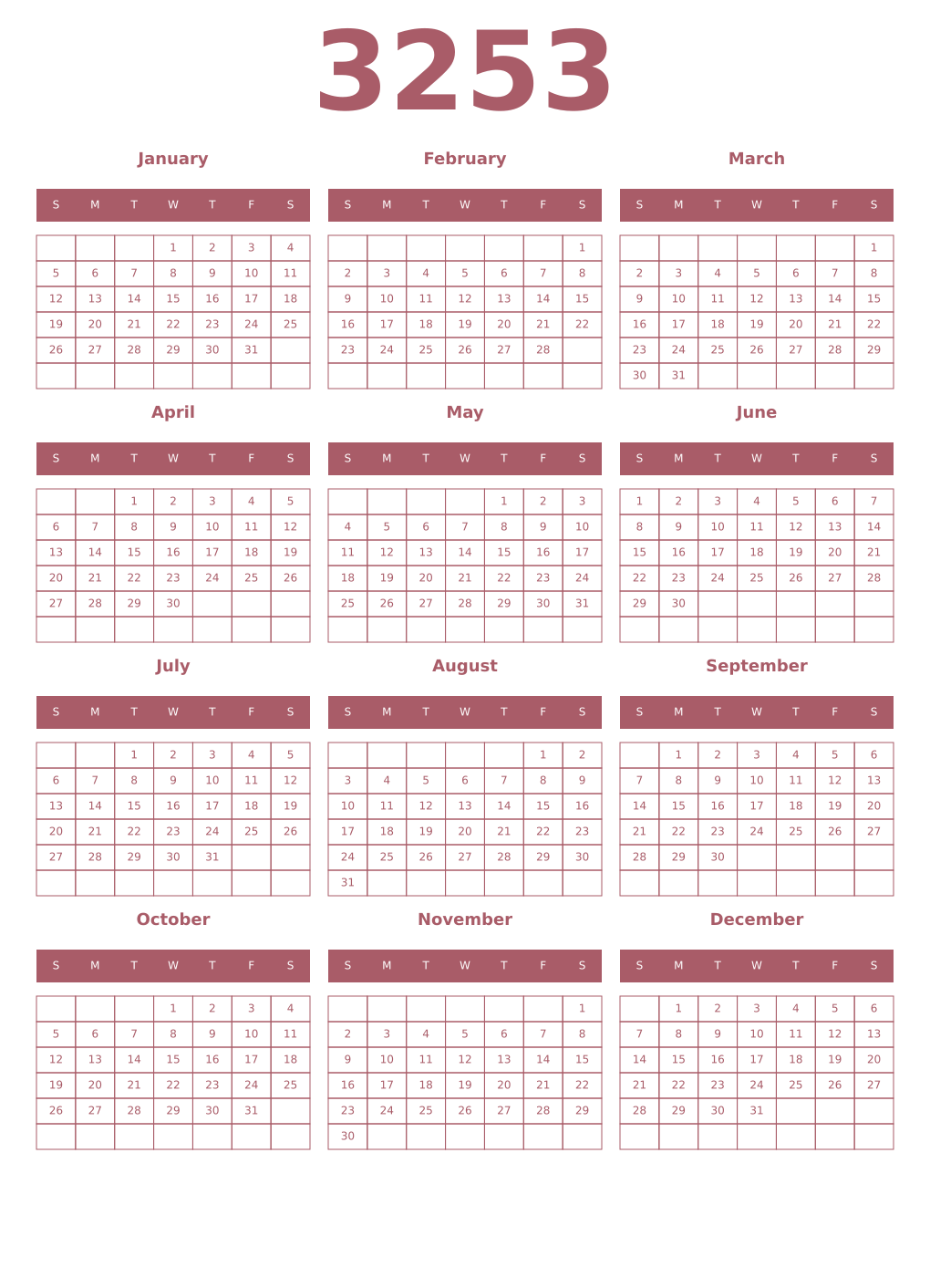 Printable 3253 Year Calendars puce