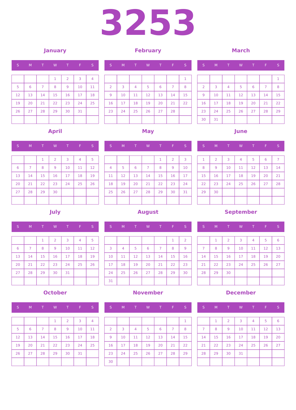 Printable 3253 Year Calendars purple