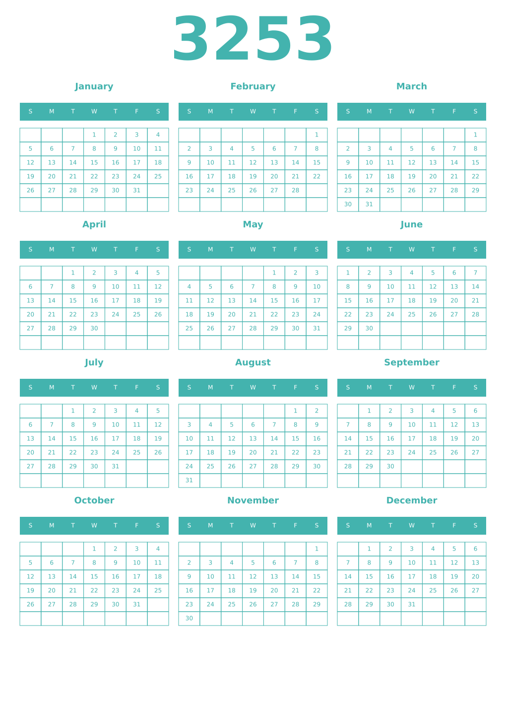 Printable 3253 Year Calendars verdigris