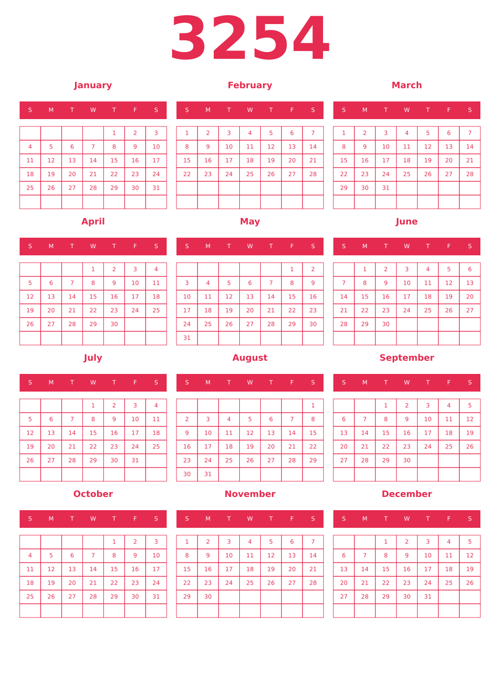 Printable 3254 Year Calendars amaranth