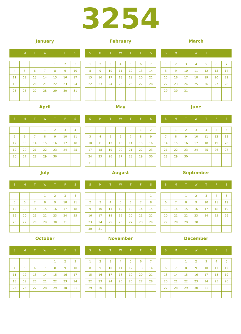 Printable 3254 Year Calendars chartreuse
