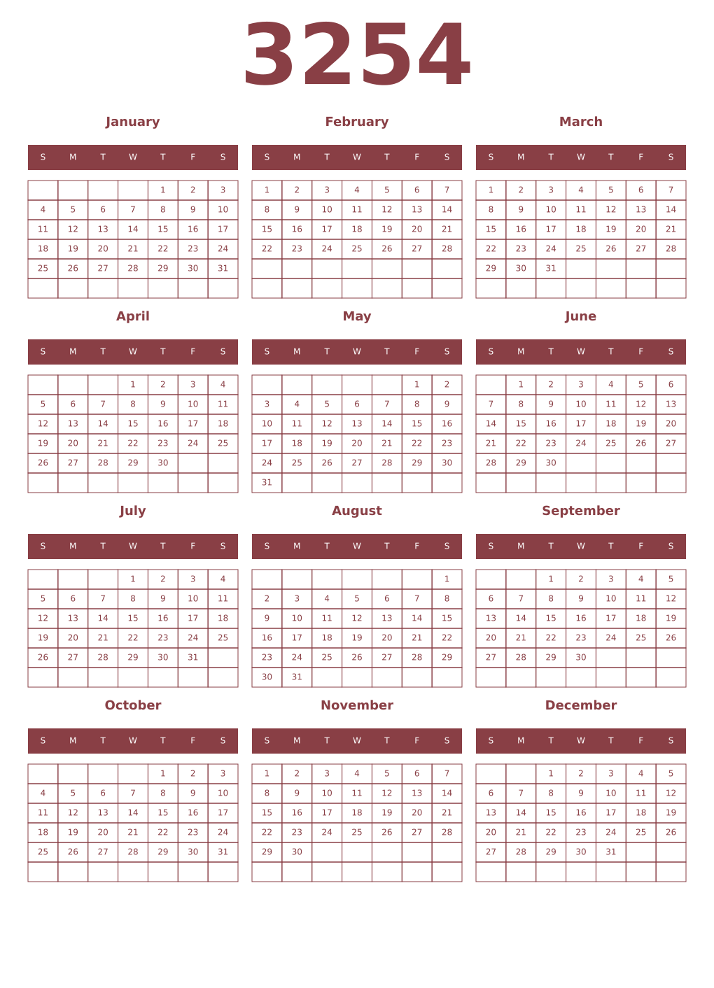 Printable 3254 Year Calendars cordovan