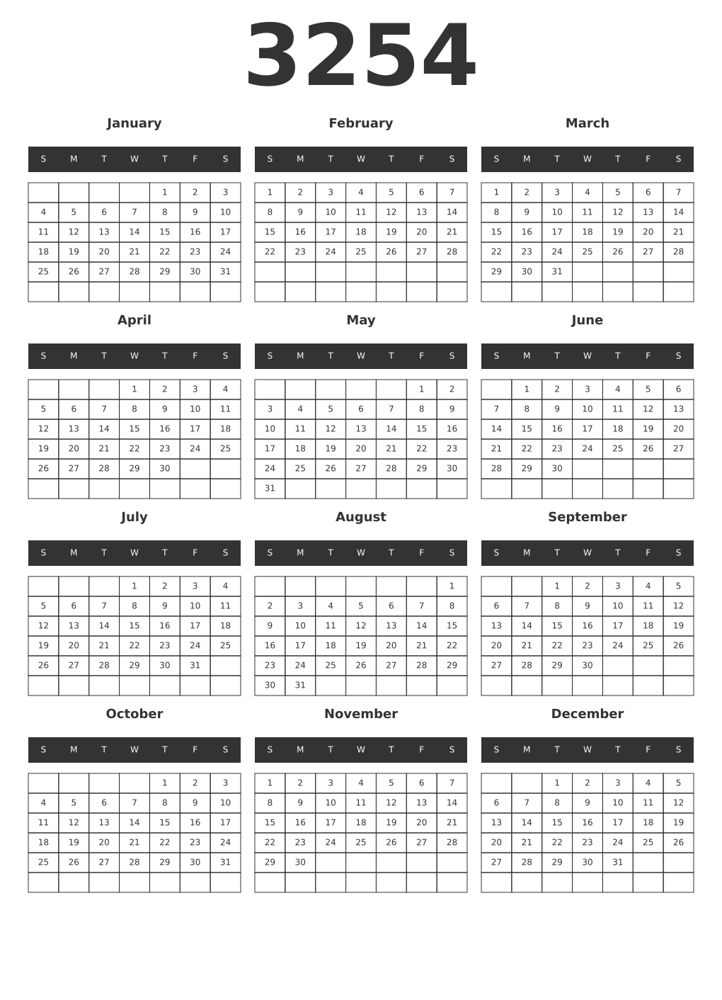 Printable 3254 Year Calendars dark