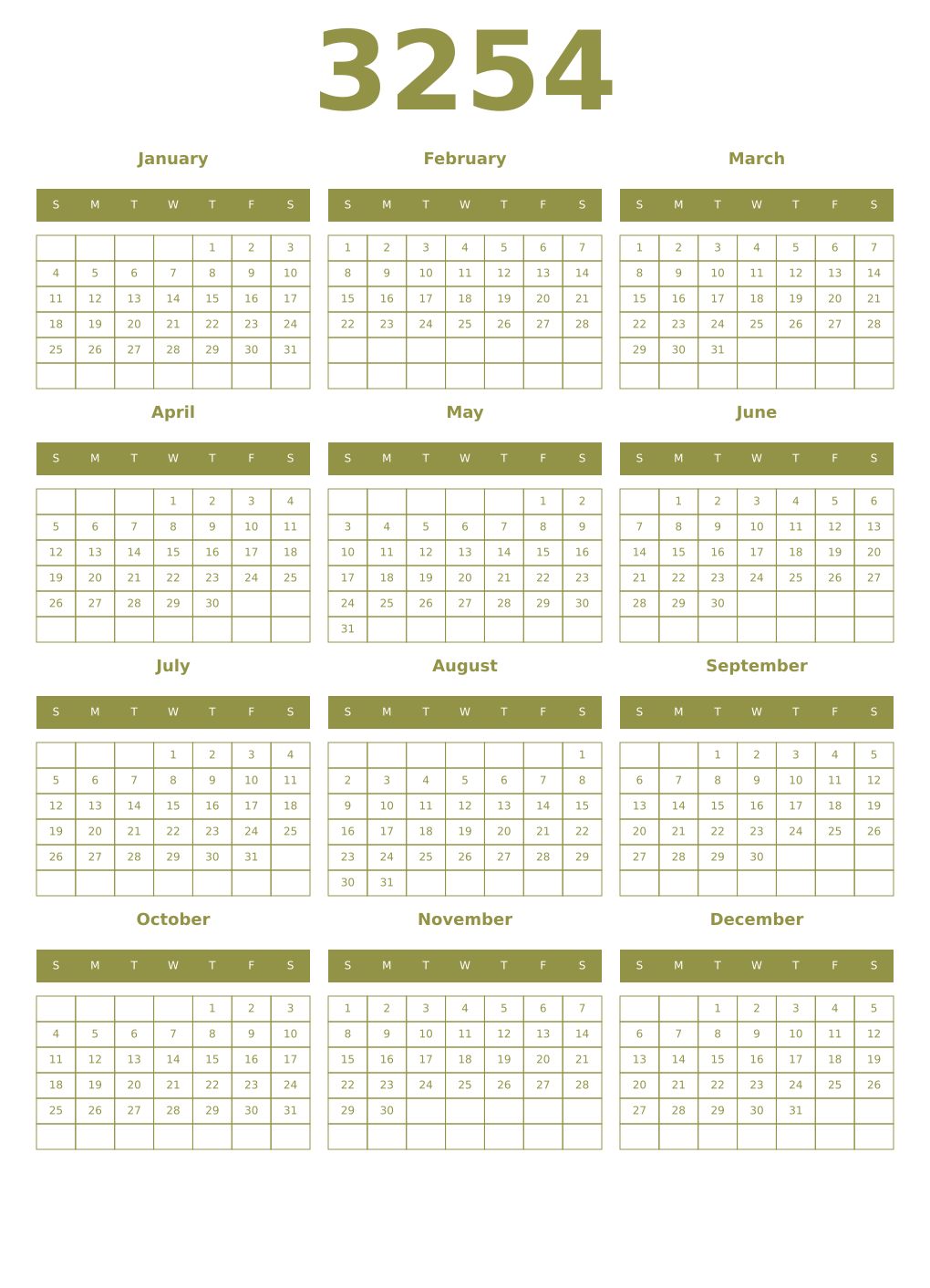 Printable 3254 Year Calendars eburnean