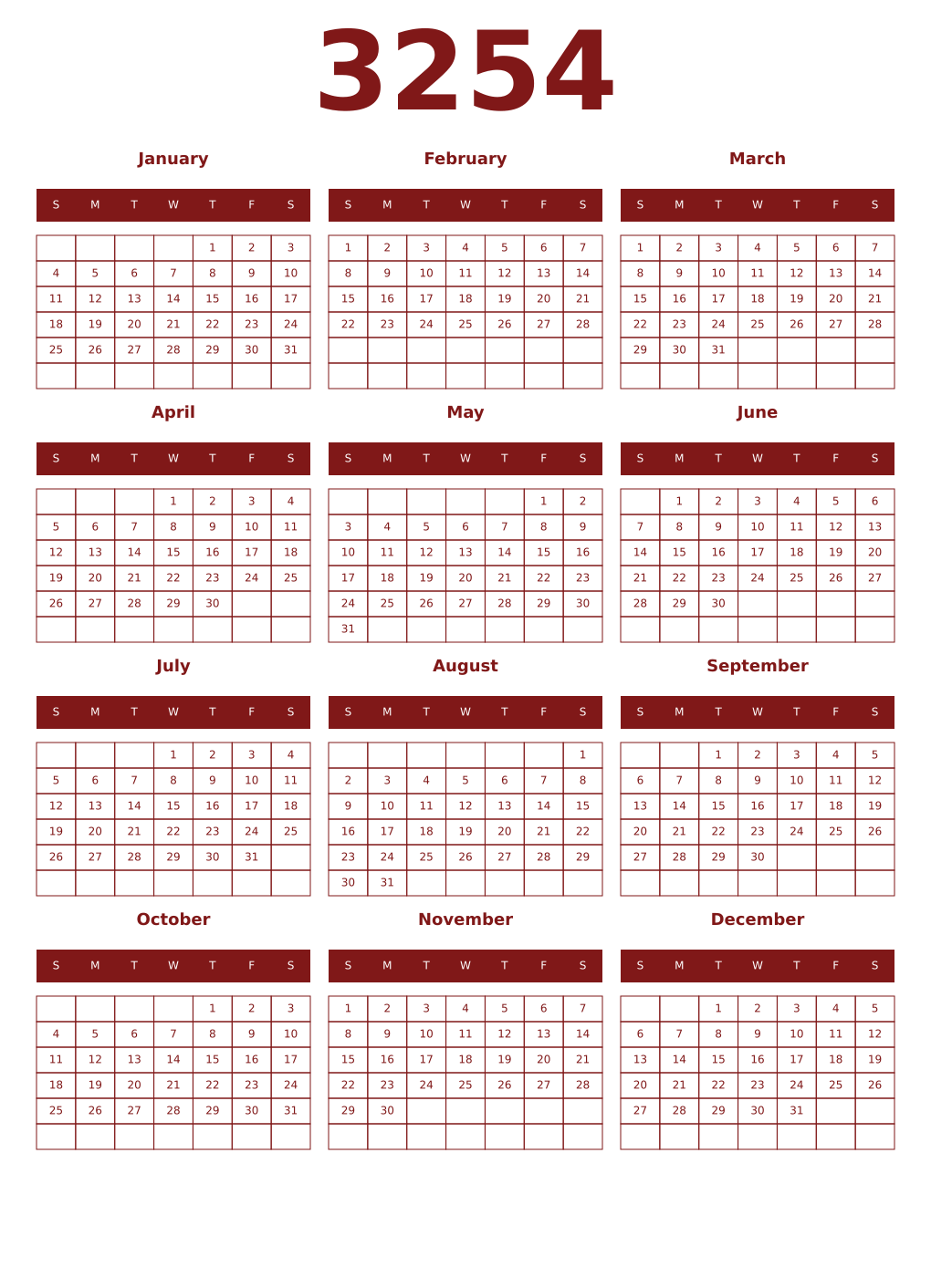 Printable 3254 Year Calendars falu