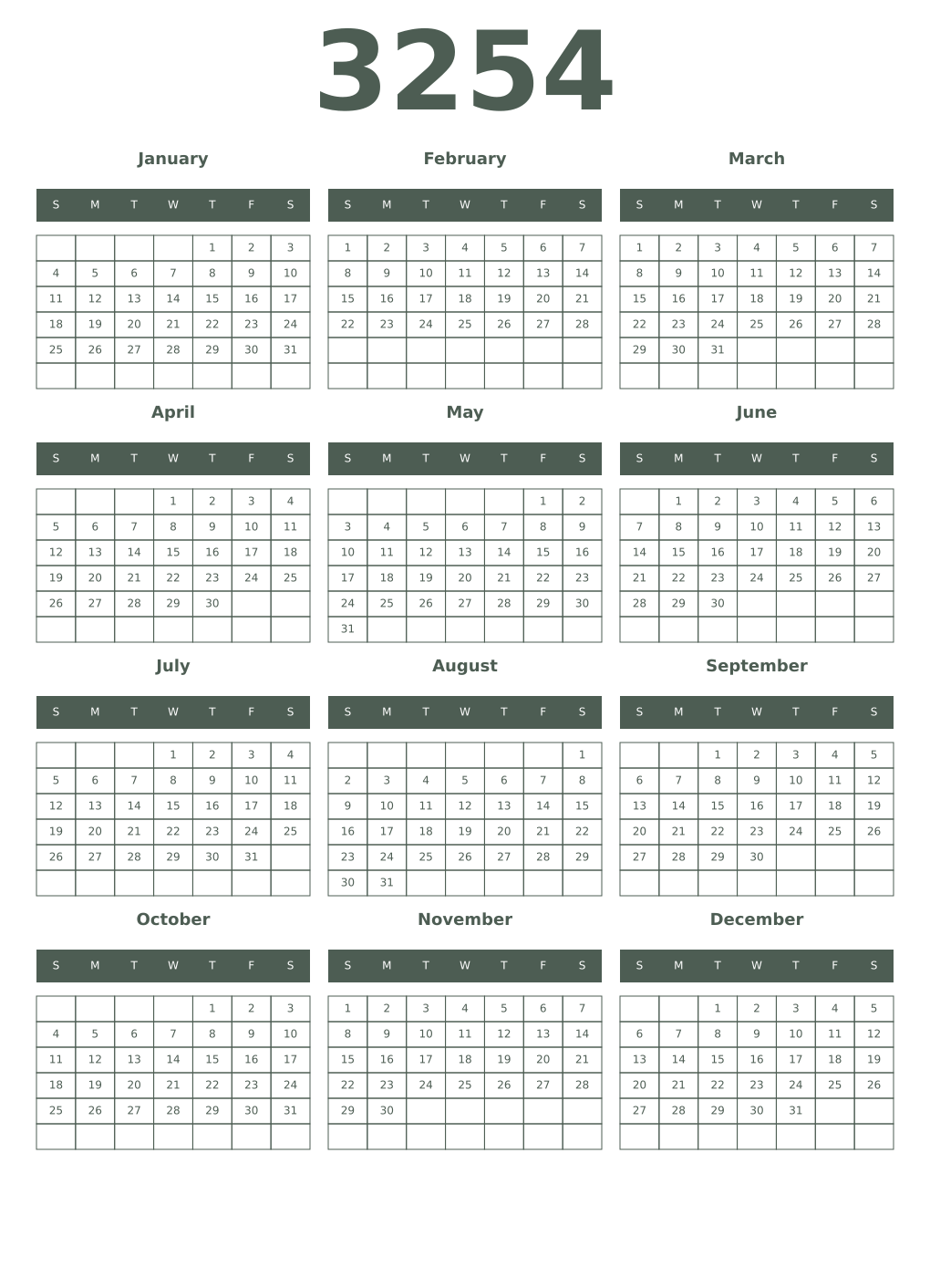 Printable 3254 Year Calendars feldgrau