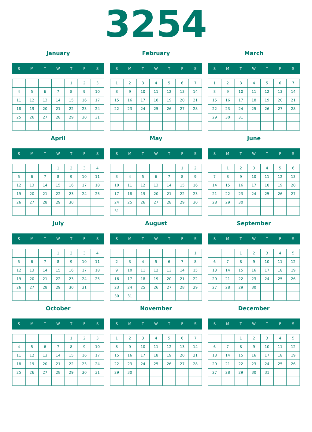 Printable 3254 Year Calendars pastel