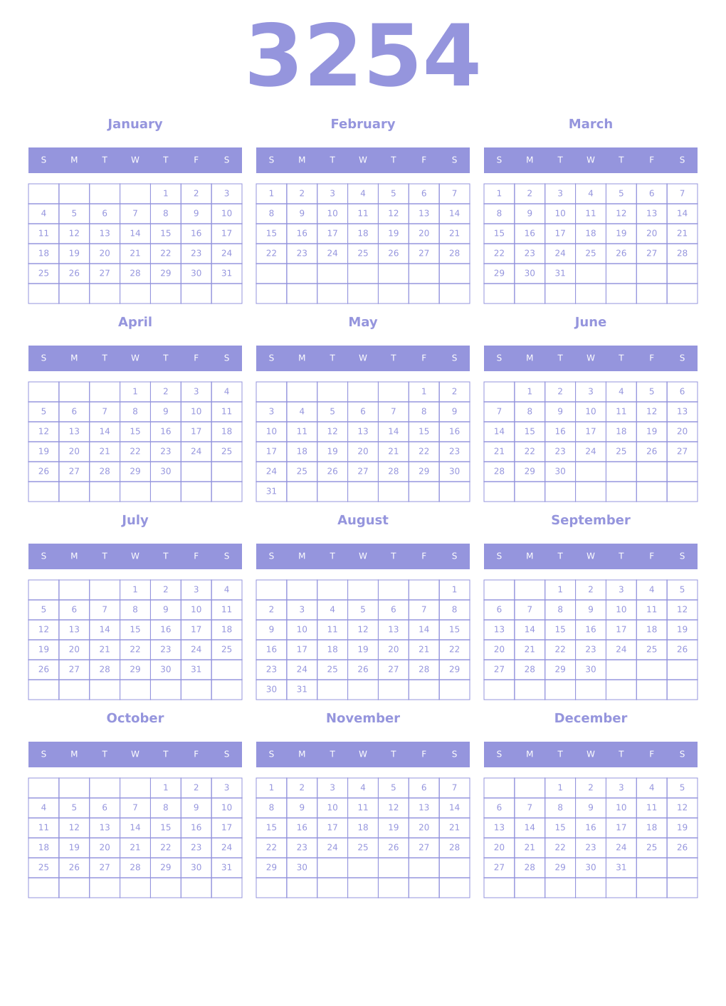 Printable 3254 Year Calendars periwinkle