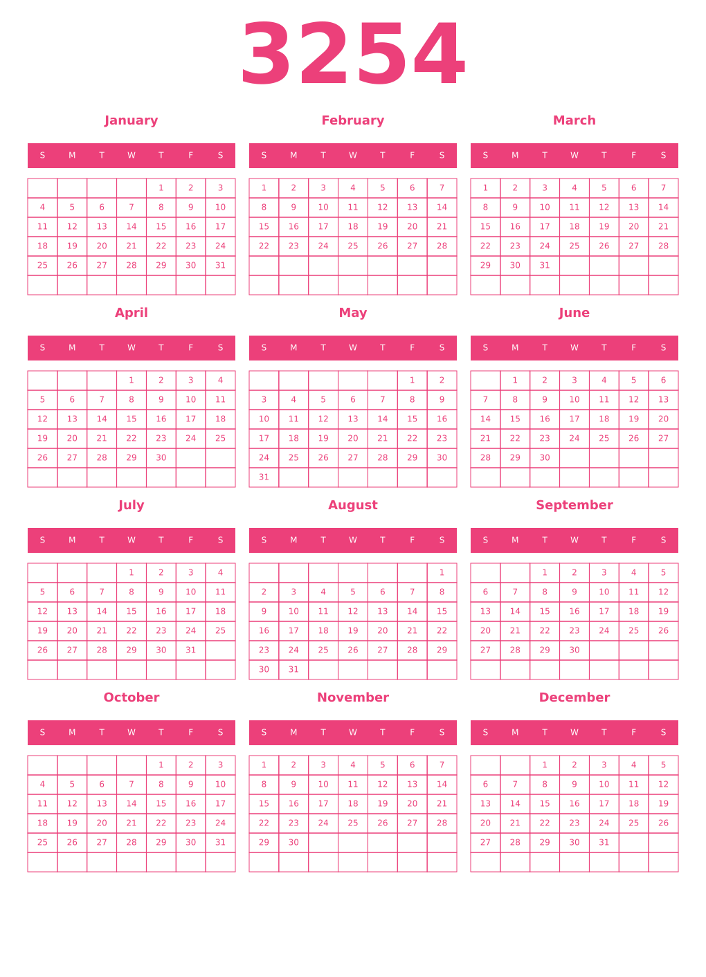 Printable 3254 Year Calendars pink