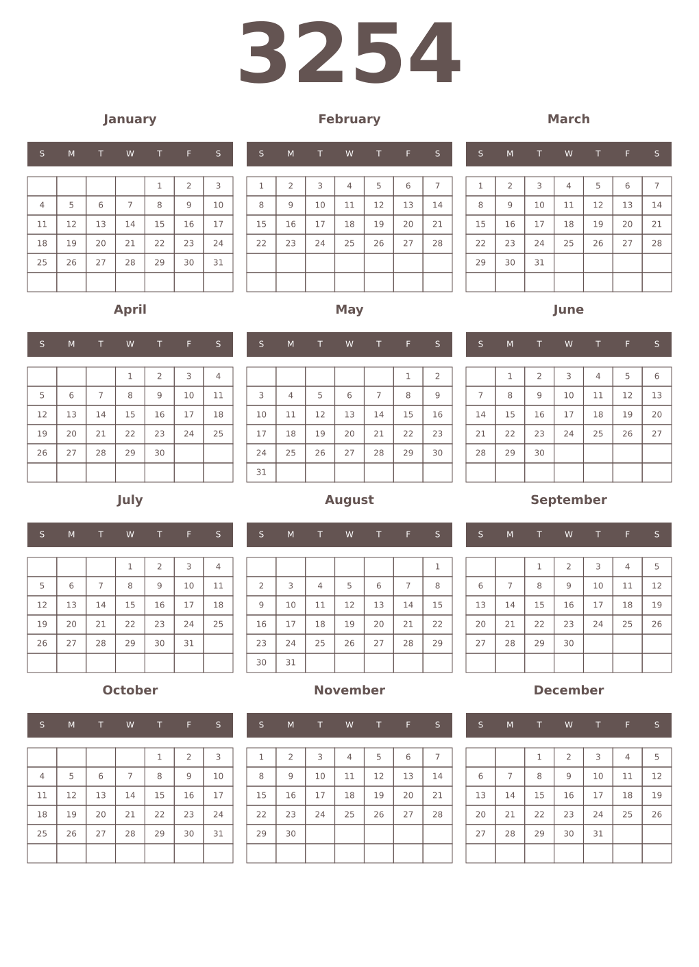 Printable 3254 Year Calendars wenge